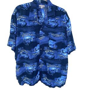 George Mens Button Up‎ Shirt Extra Large Blue Car Show Rayon Island Cruise Camp